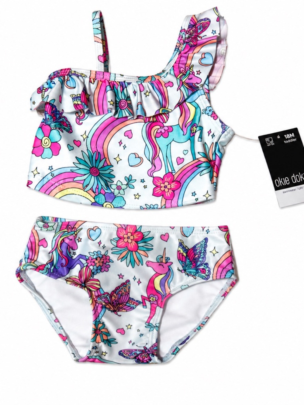 🔥Okie Dokie Girls' Unicorn Rainbow Ruffle Tankini - White/Multi